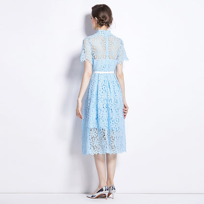 Blue Water Soluble Lace Uneven Collar Dress