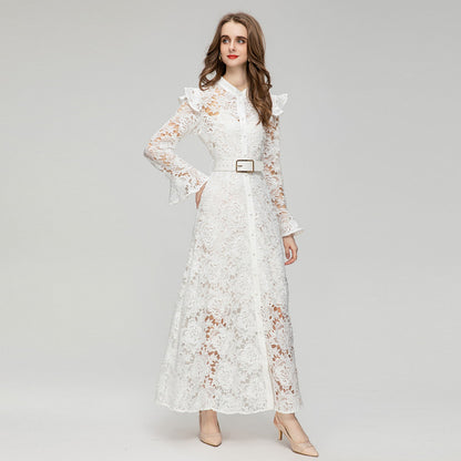 Stand Collar Single-breasted Flared Long Sleeve Dress