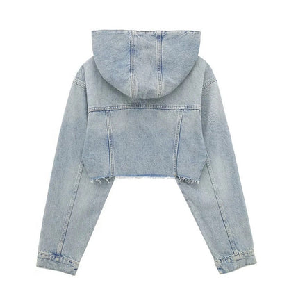 Hot Girls Washed Frayed Hem Hooded Denim Jacket Coat