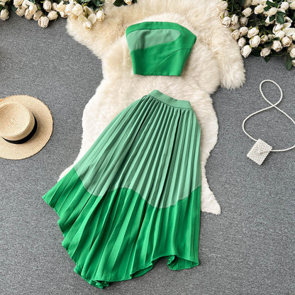 Contrast Color Tube Top Irregular Pleated Skirt