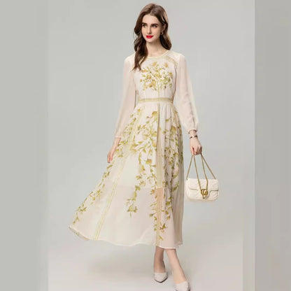 Printed Flower Heavy Industry Beads Long Sleeve Elegant Chiffon Dress