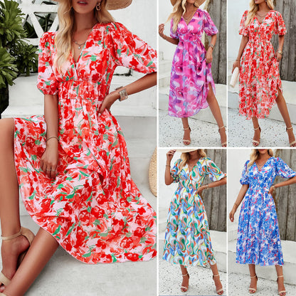 Vêtements pour femmes Robe de vacances à imprimé floral, taille serrée, col en V