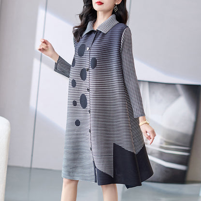 Pleated Plaid Printed Dress Mid-length