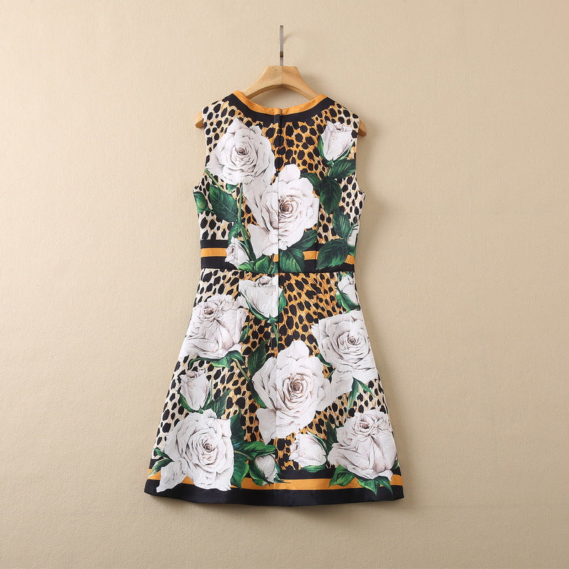 Sleeveless Waist Leopard Print White Rose Dress