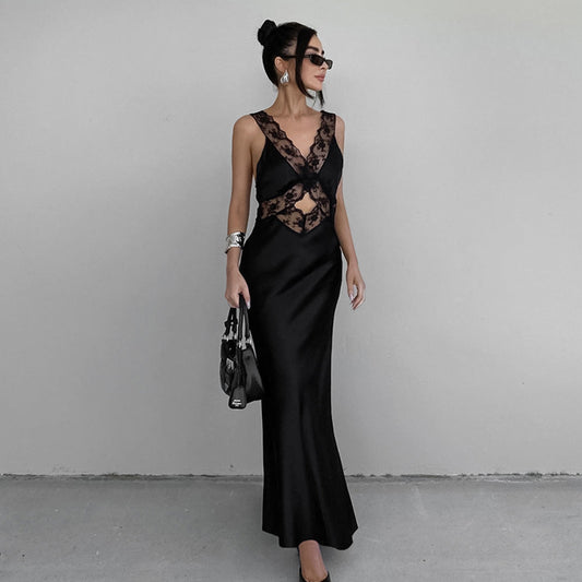 Women's Lace Splicing Sling Long Dress