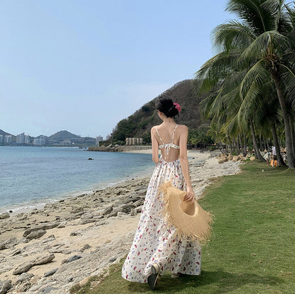 Vacation Style Sweet Floral Printing Ankle-length Dress