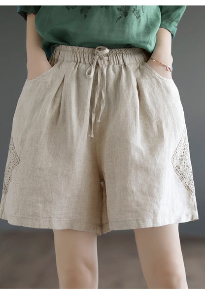 Linen All-matching Stitching Thin Wide Leg Cotton Linen Lace High Waist Leisure