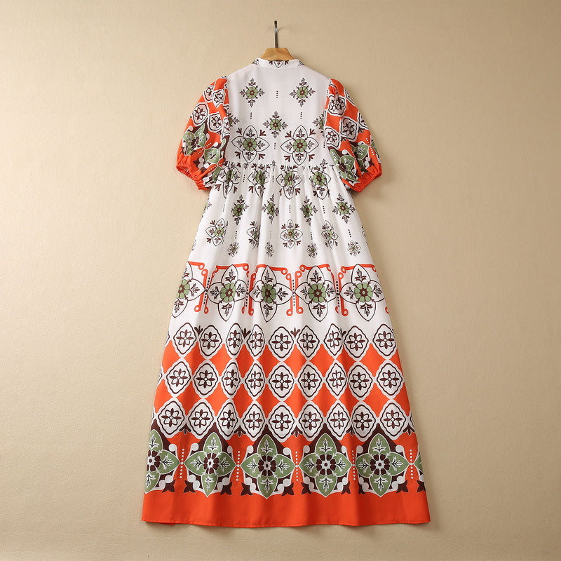 Loose Waist Cotton And Linen Printed Short-sleeved Dress