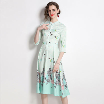 Mid-length Waist Slimming A- Line Skirt Printed Dress