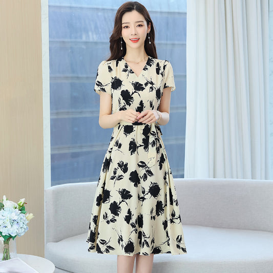 Summer Retro Temperament Mid-length Cinched Slimming Short Sleeves Printed, Female Dress