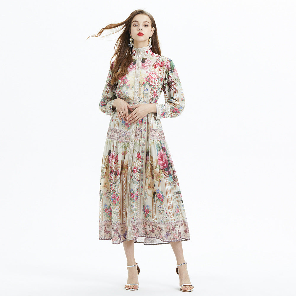 Lantern Sleeve Printed Long Sleeve Elegant Ruffle Long Dress Chiffon Two-piece Set