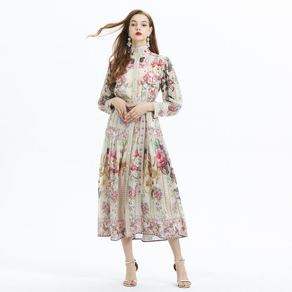 Lantern Sleeve Printed Long Sleeve Elegant Ruffle Long Dress Chiffon Two-piece Set