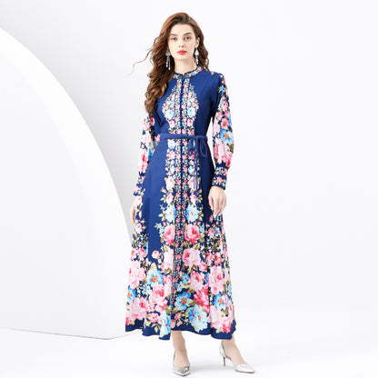 Stand Collar Single-breasted Lantern Sleeve Printed Wide Swing Long Dress