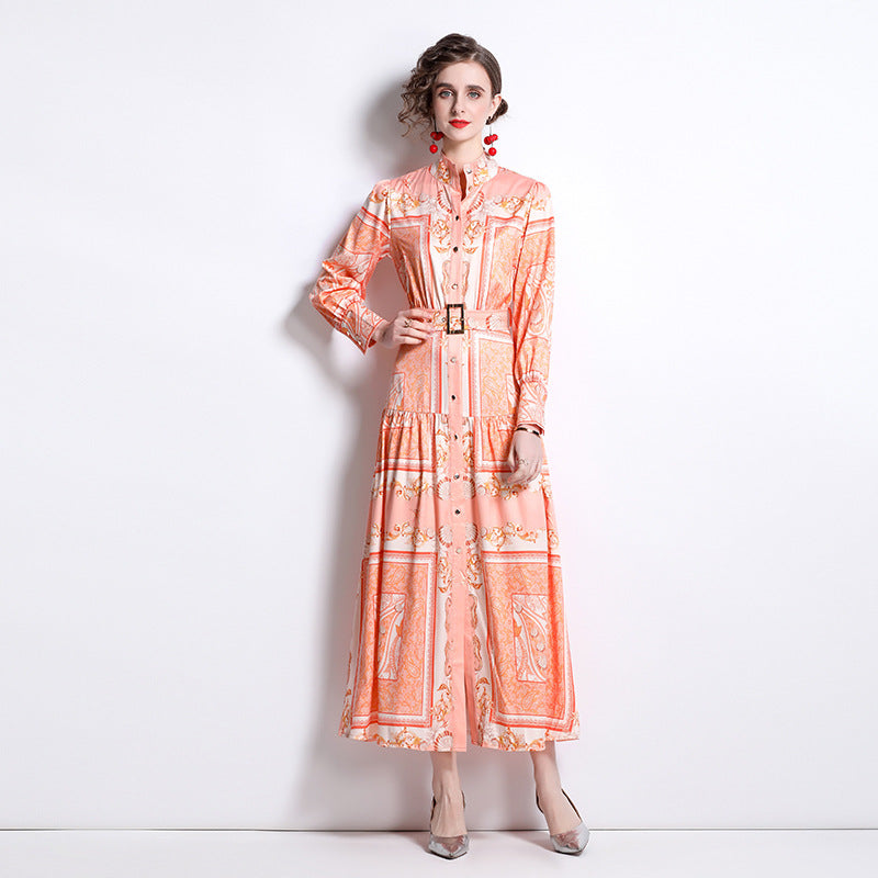 Retro Totem Printing Temperament Single-breasted Long Sleeve Large Swing Dress