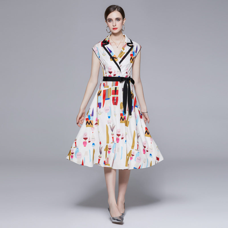 Printed Cinched Tie Slim-fit Mid-length Suit Collar Sleeveless Socialite Western Style Fashion Dress