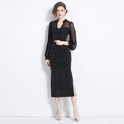 V-neck Sequins Velvet Sheath Dress Women