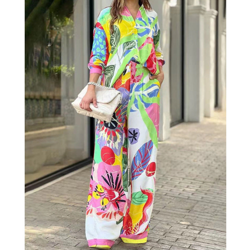 Temperament Commuter Long Sleeve Loose Shirt High Waist Wide Leg Pants Women's Set