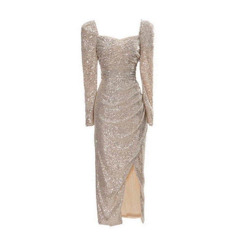 Shiny Sequin Square Collar Backless Front Slit Long Sleeve Dress