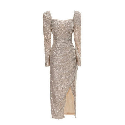 Shiny Sequin Square Collar Backless Front Slit Long Sleeve Dress