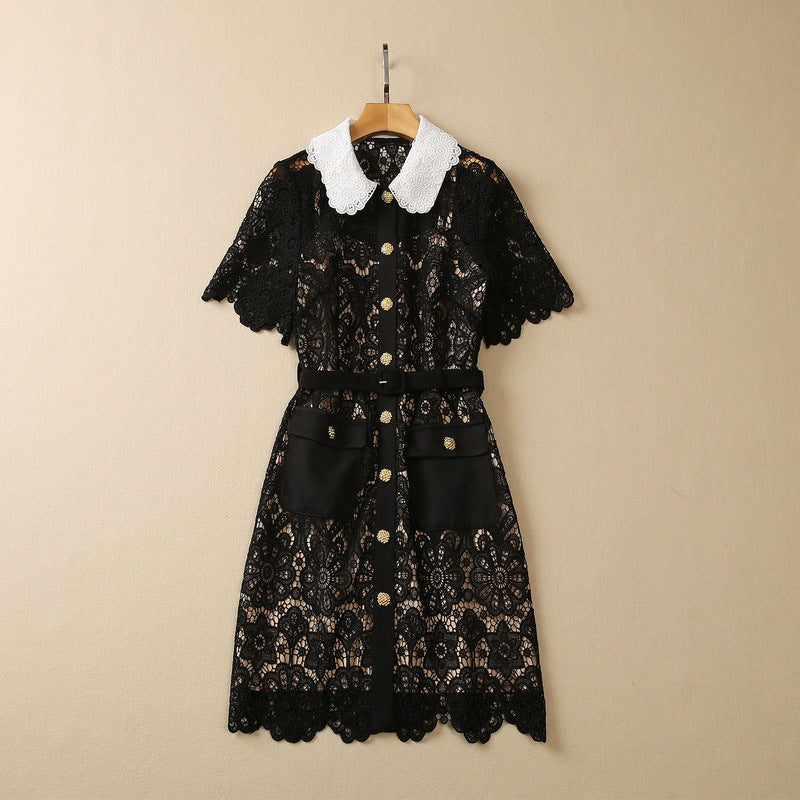 Single Breasted Contrast Color Lapels Water Soluble Short Sleeve Dress