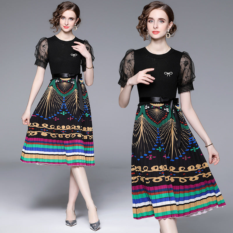 Slimming False Two-piece Mesh Stitching Printing Dress