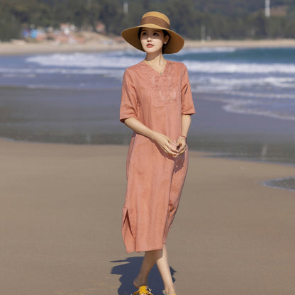 Washed Linen Embroidery Mid-sleeve Long Dress