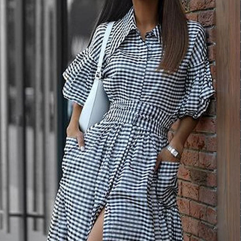 Plaid Casual Polo Collar Split Long Dress