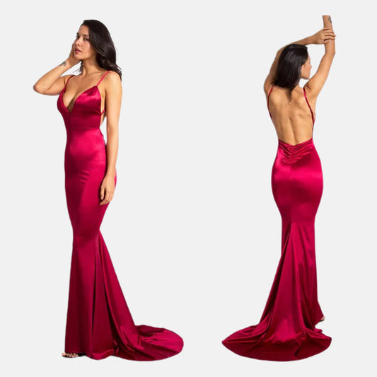 New Backless Satin Evening Dress Strap V-neck Trailing Formal Swing Dress Long Dress