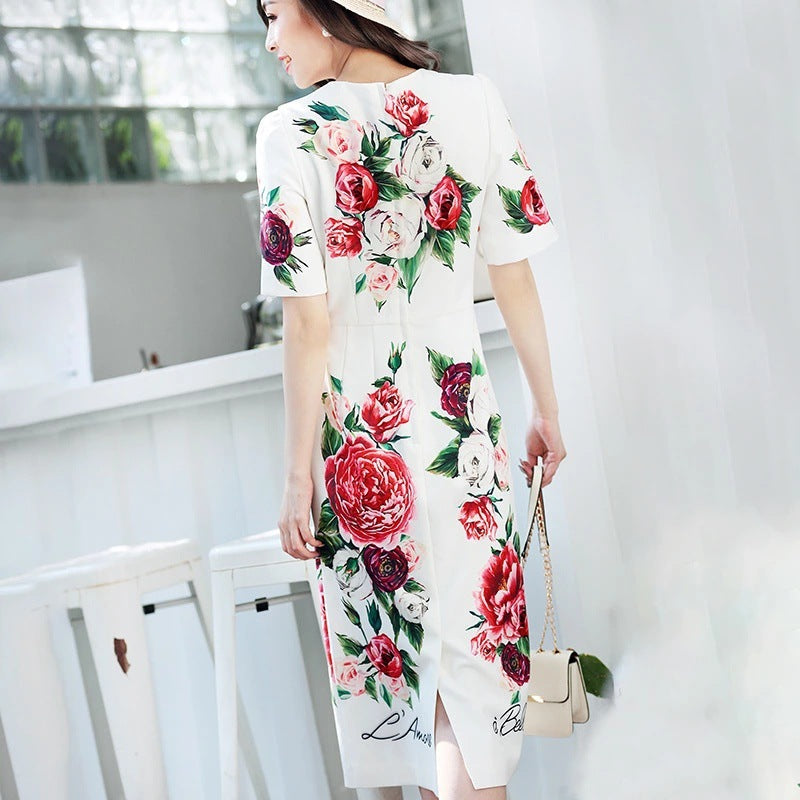 Rhinestone Buckle Short Sleeve Floral Print Dress Women