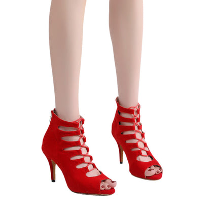 Tacones altos con punta abierta, cortos y parte inferior suave en color rojo para mujer