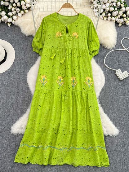 Sweet Puff Short Sleeve Round Neck Hollow Embroidery Dress