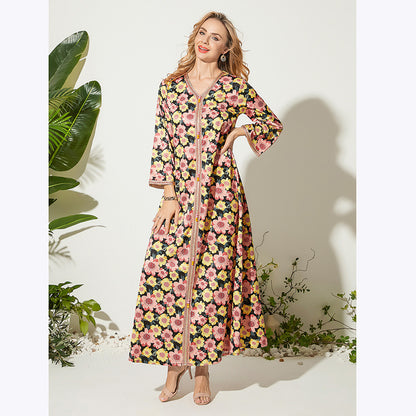 V-neck Printed Long Loose Temperament Dress