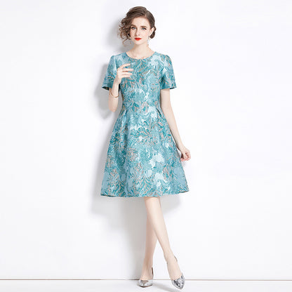 Elegant Slim Waist Color Jacquard Dress