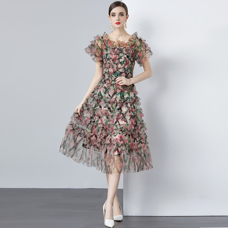 Mesh Blooming Printing Fungus Dress