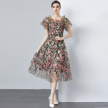 Mesh Blooming Printing Fungus Dress