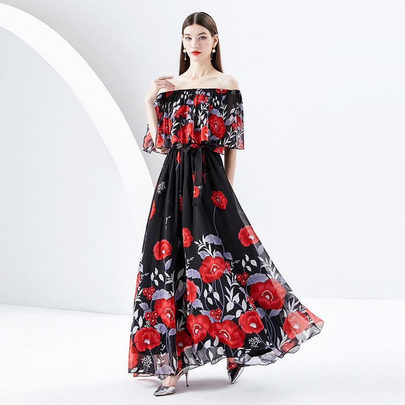 Women's Ruffled Off-neck Printed Dress