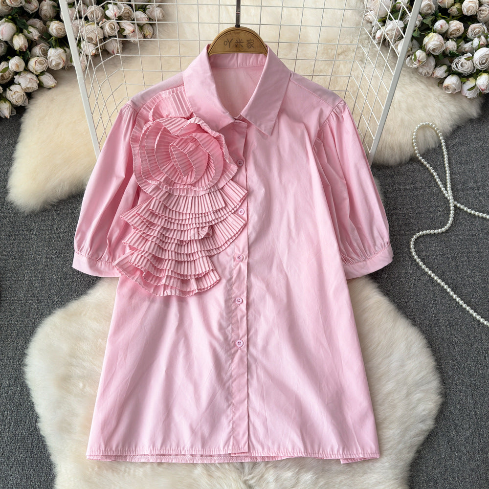 Heavy Industry Three-dimensional Flower Lapel Pleated Slim Top