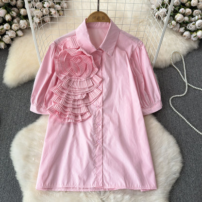 Heavy Industry Three-dimensional Flower Lapel Pleated Slim Top