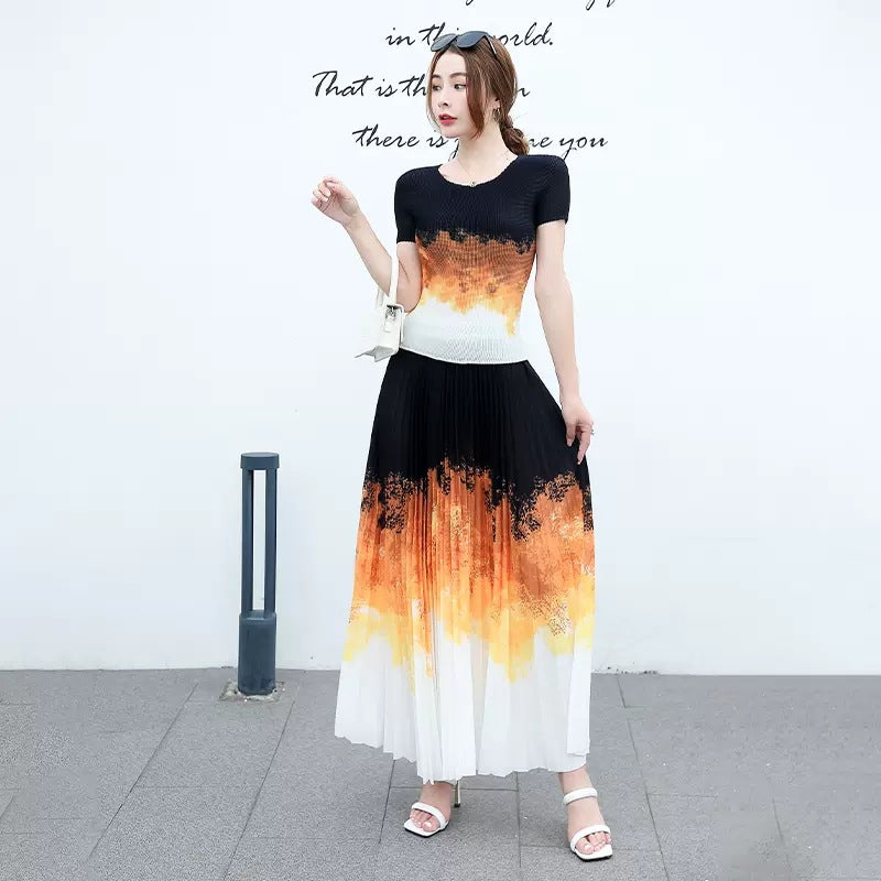 Long Skirt Pleated Temperament And Beautiful Gradient Color Two-piece Set