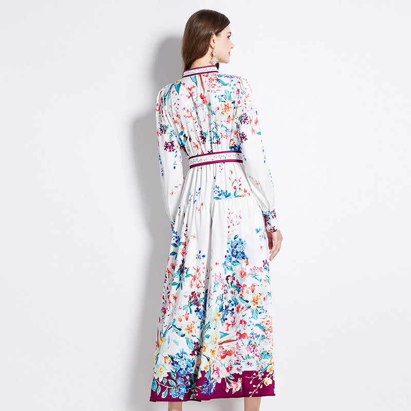 Retro Printed Breasted Slim-fit Long Dress