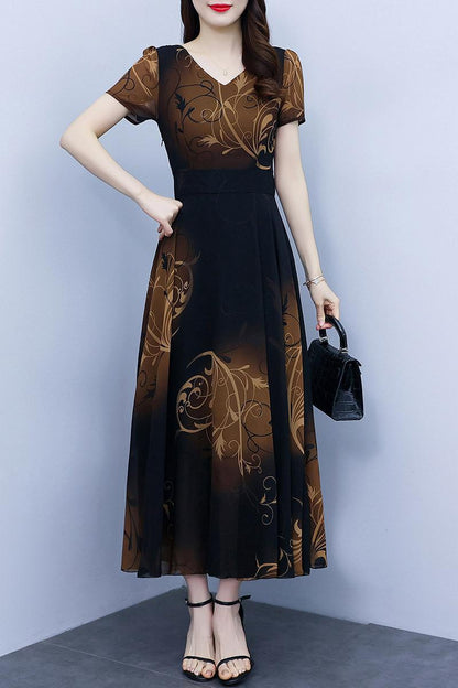 Spring And Autumn Chiffon Floral Dress Plus Size Fat