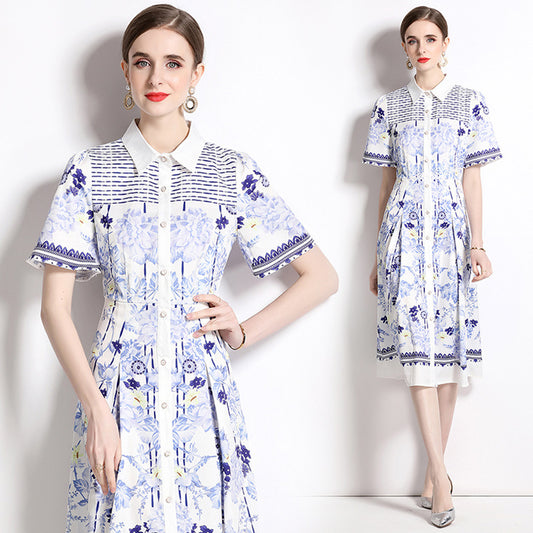 Slim Shirt Collar Short Sleeve Mid-length Printed Dress