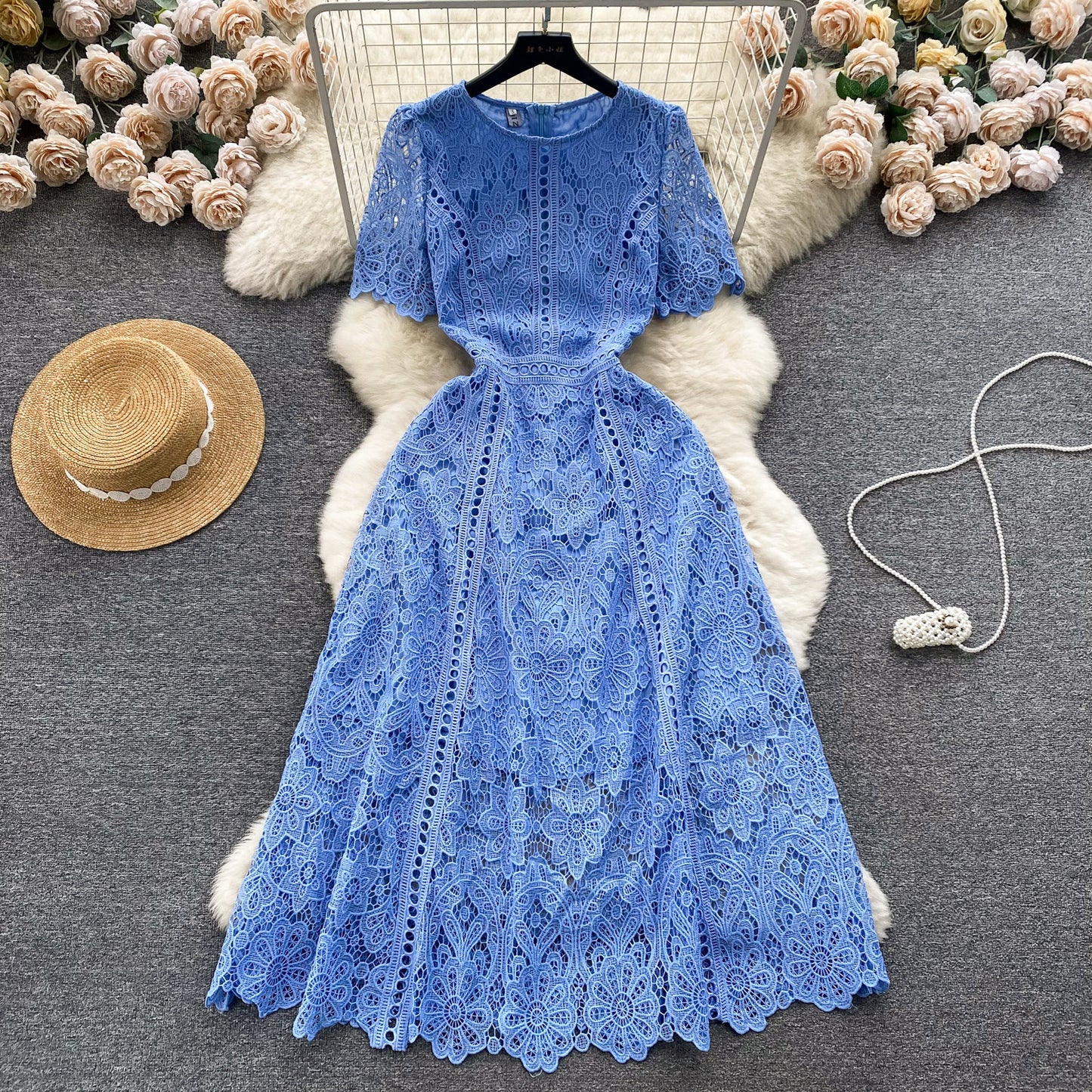 Round Neck Ruffle Sleeve Lace Dress