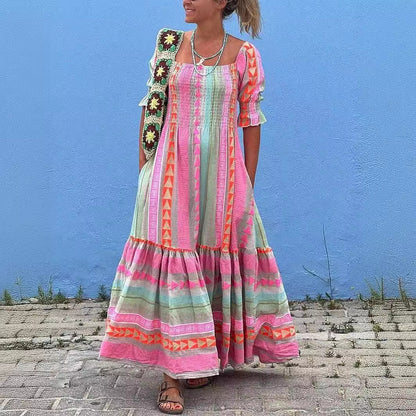 Vestido de cuello cuadrado con bloques de color y patrón geométrico a la moda para mujer