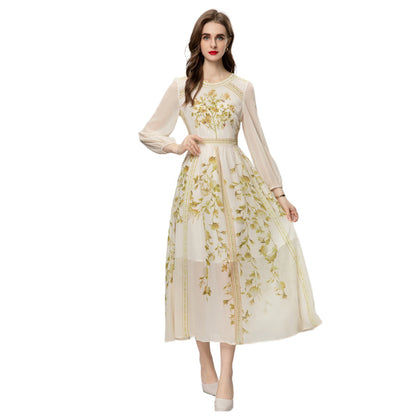 Printed Flower Heavy Industry Beads Long Sleeve Elegant Chiffon Dress