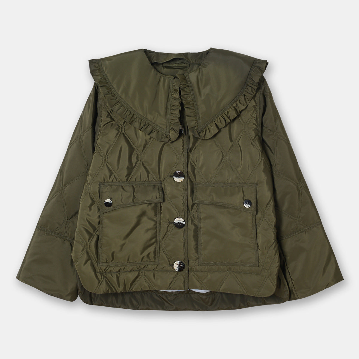 Olive Detachable Ruffled Quilted Lapel Jacket Coat Thin Cotton Clothing