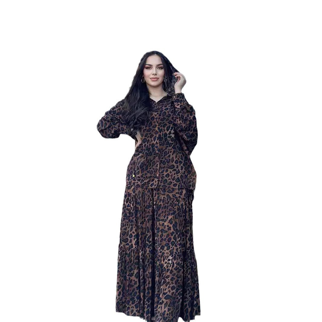 Leopard Print Hooded Long Sleeve Shirt Pleated Stitching Skirt Suit