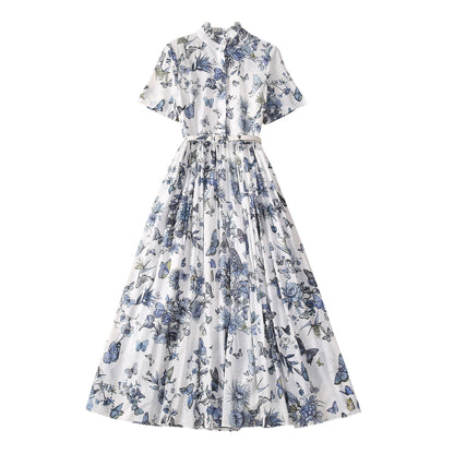 Stringy Selvedge Stand-up Collar Butterfly Flower Thin Cotton Dress