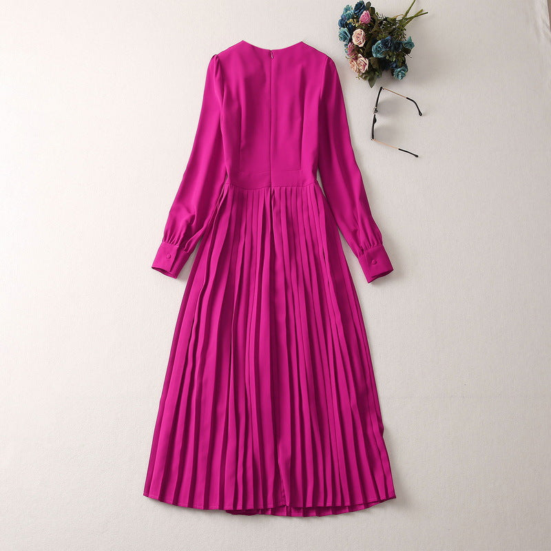 Panhua Pleated Round Neck Pleated Puffy Long Sleeve Dress