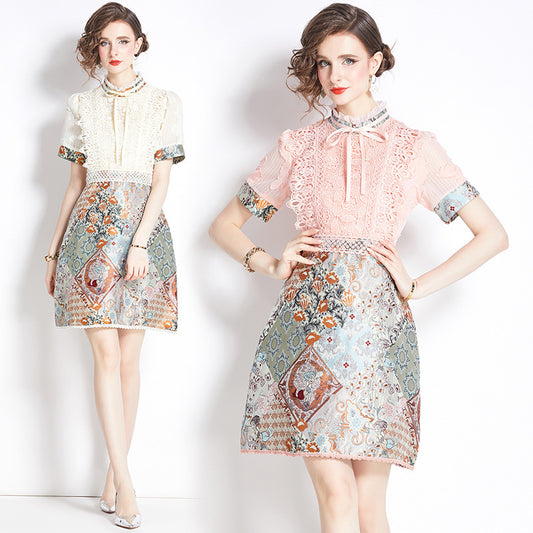 Retro Stand-up Collar Tie Stitching Crochet Hollow Jacquard Dress